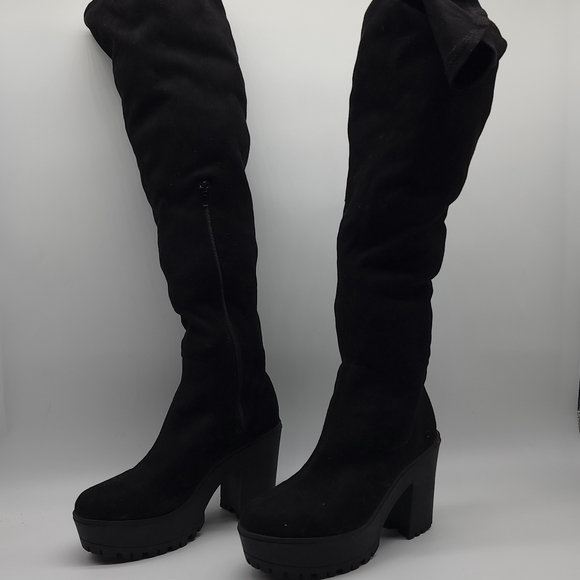 Aus 10 Black Thigh High Platform Faux Suede Boots - Picture 15 of 16